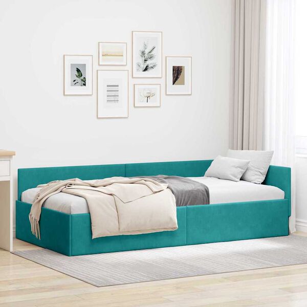 vidaXL Corner Bed Frame with Headboard Turquoise 90 cm x 190 cm Velvet