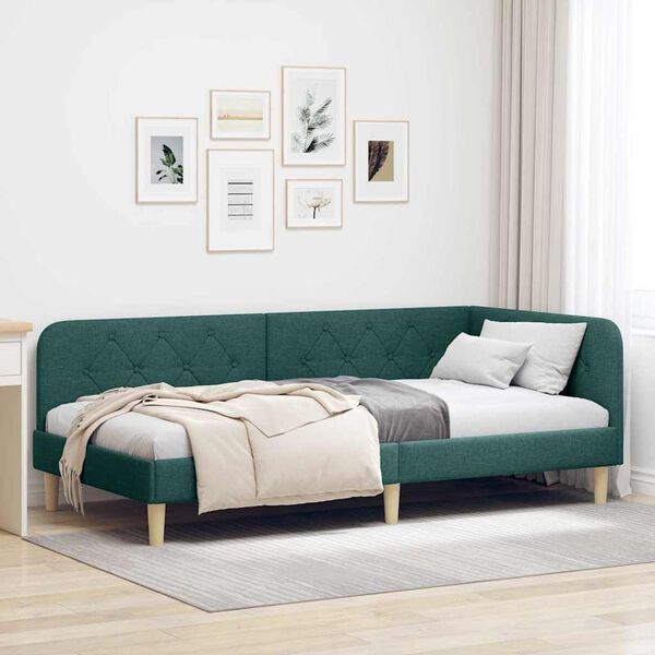 vidaXL Corner Bed Frame with Headboard Dark Green 100 x 200 cm Fabric