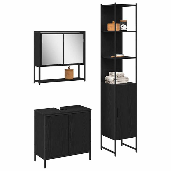 vidaXL Bathroom Furniture Set with Shelf 3 pcs Black Engineered wood
