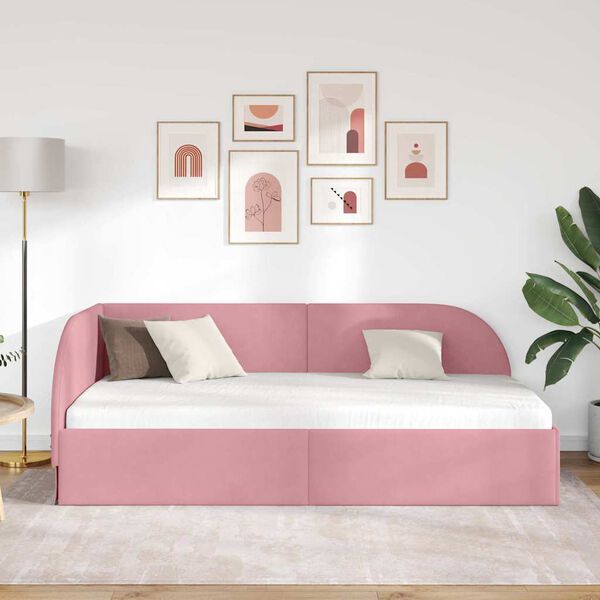 vidaXL Corner Bed Frame with Headboard Pink 90 cm x 200 cm Fabric