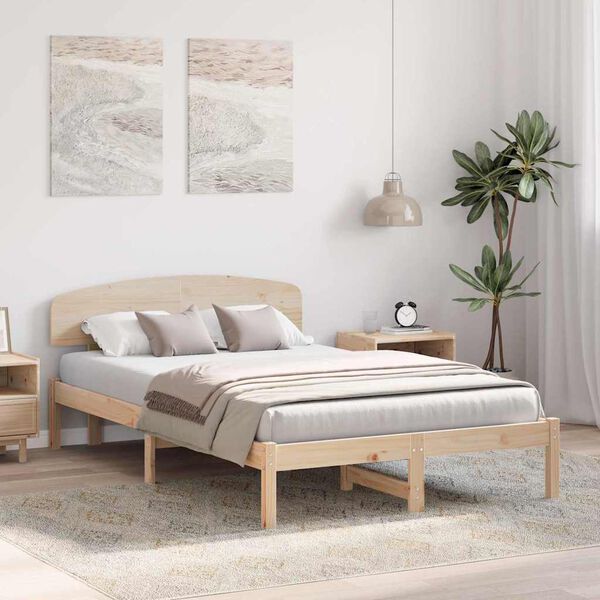 vidaXL Bed Frame with Headboard Natural 135 x 190 cm Solid Pine Wood