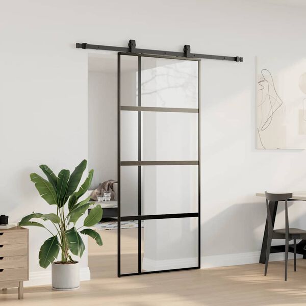 vidaXL Sliding Door with Hardware Set Black 90x205 cm Tempered Glass