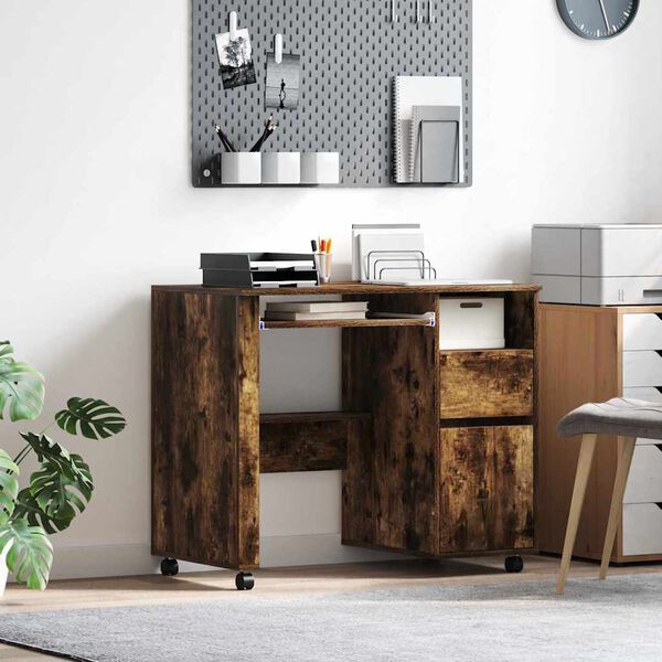 vidaXL Desk with Wheels Smoked Oak 91 x 50 x 77 cm Engineered Wood