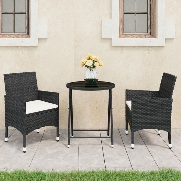 vidaXL 3 Piece Garden Bistro Set Poly Rattan and Tempered Glass Black