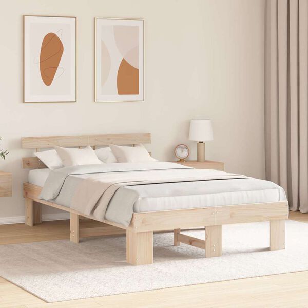 vidaXL Bed Frame with Headboard Natural 135 x 190 cm Solid Pine Wood