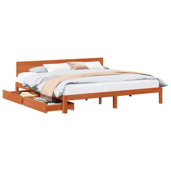 vidaXL Bed Frame with Headboard Wax Brown 180 x 200 cm Solid Pine Wood