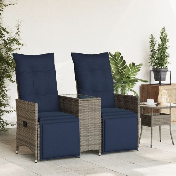 vidaXL Reclining Garden Sofa 2-Seater with Table Grey Poly Rattan