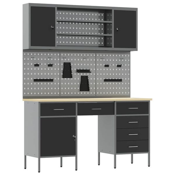 vidaXL Work Cabinet with Drawer 8 pcs Black Engineered Wood and Steel