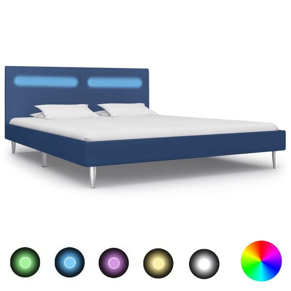 vidaXL Bed Frame with LED without Mattress Blue Fabric 150x200 cm King Size