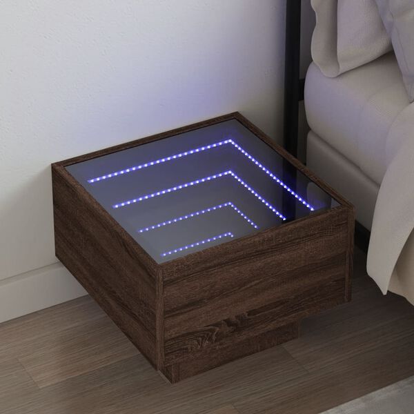 vidaXL Bedside Table with Infinity LED Brown Oak 40x40x30 cm
