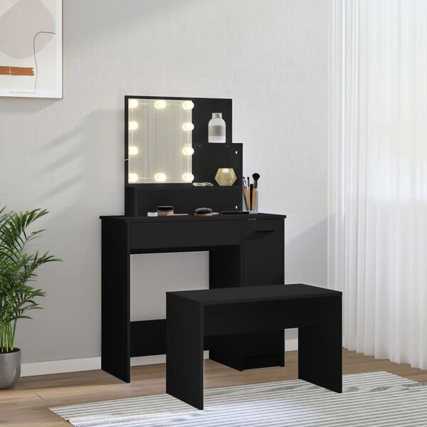 vidaXL Dressing Table Set with LED Black Engineered Wood