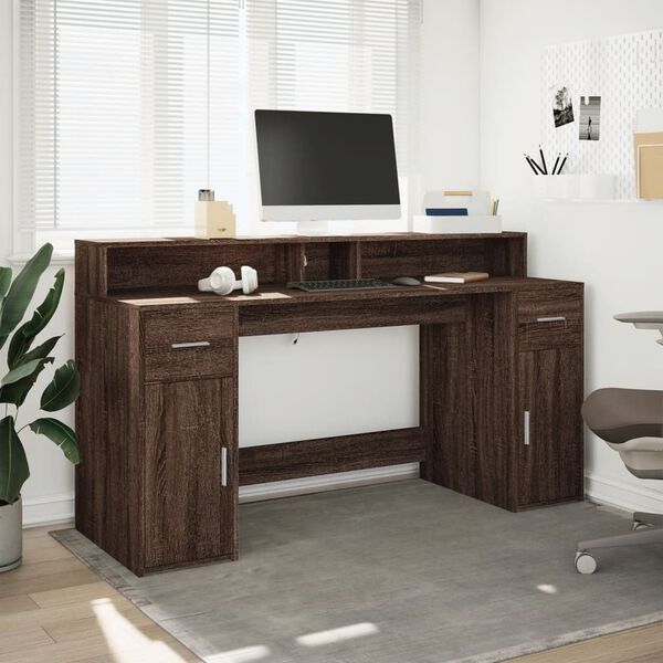 vidaXL Desk with LED Lights Brown Oak 160x55x91 cm Engineered Wood
