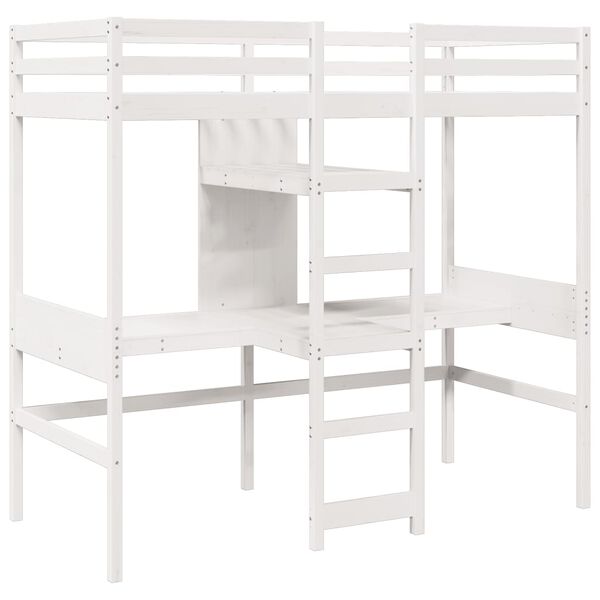 vidaXL Loft Bed Frame with Desk and Shelves White 90x200cm Solid Wood Pine