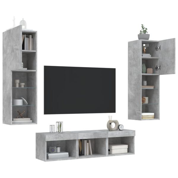 vidaXL 5 Piece TV Wall Units with LED Concrete Grey Engineered Wood