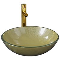 vidaXL Bathroom Sink with Tap and Push Drain Gold Tempered Glass