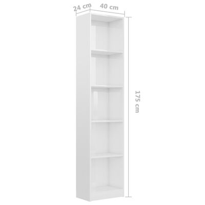 vidaXL 5-Tier Book Cabinet High Gloss White 40x24x175 cm Engineered Wood