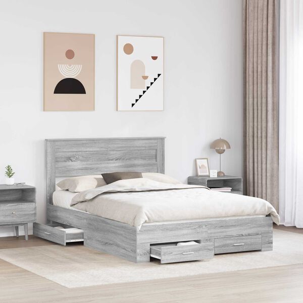 vidaXL Bed Frame with Drawer Grey Sonoma 150 x 200 cm Engineered Wood