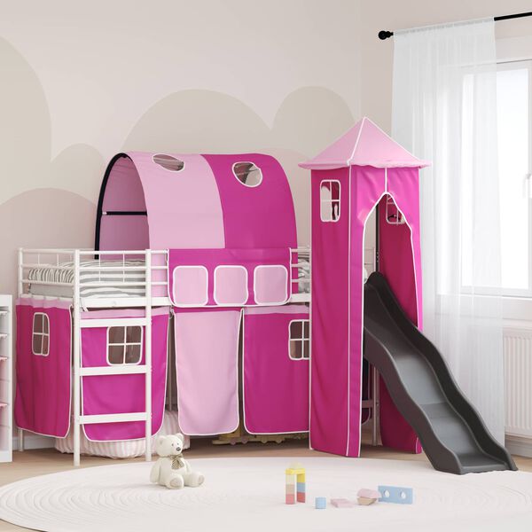 vidaXL Kids'Loft Bed Frame with Curtains, Arch, Slide, Tower