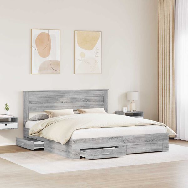 vidaXL Bed Frame with Drawer Grey Sonoma 200 x 200 cm Engineered Wood