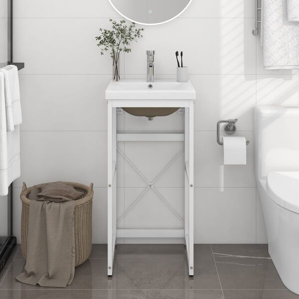 vidaXL Bathroom Washbasin Frame with Built-in Basin White Iron