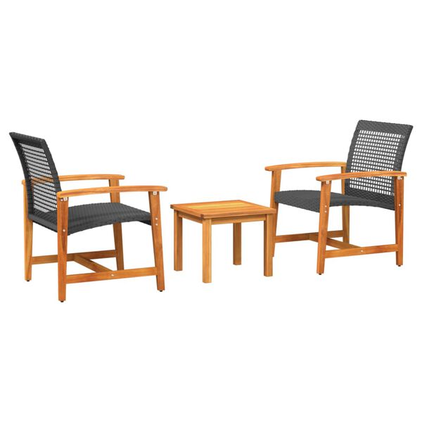vidaXL 3 Piece Bistro Set Black Poly Rattan and Acacia Wood
