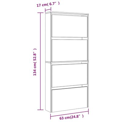 vidaXL Shoe Cabinet with Mirror 4-Layer High Gloss White 63x17x134 cm
