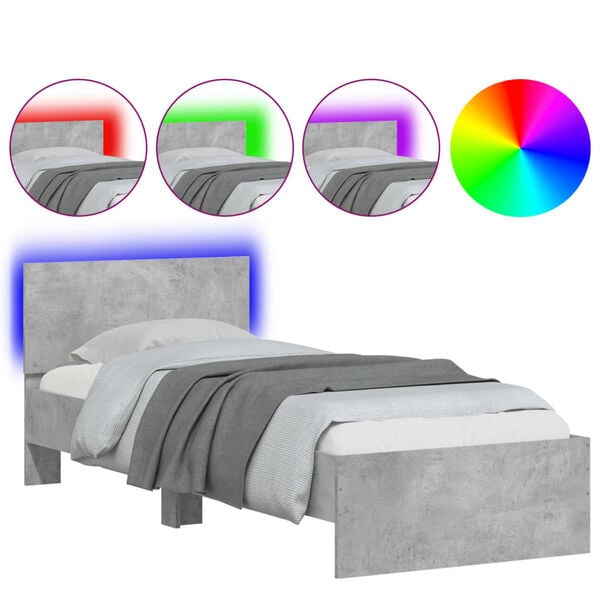 vidaXL Bed Frame without Mattress with LED Lights Concrete Grey 90x200 cm