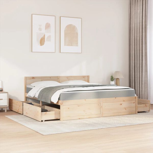 vidaXL Bed with Drawers and Mattress 180x200 cm Super King Solid Wood Pine