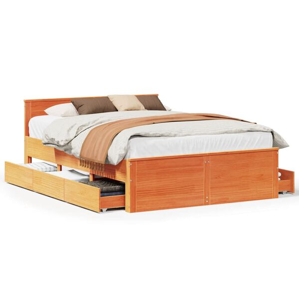 vidaXL Bed Frame without Mattress with Headboard Wax Brown 150x200 cm King Size Solid Wood Pine