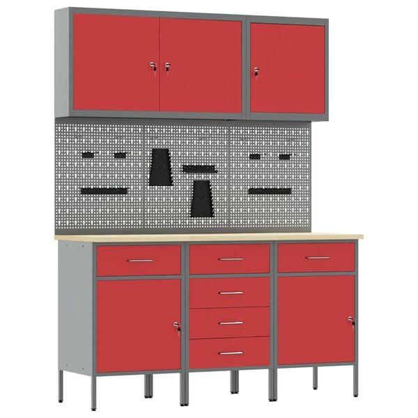 vidaXL Work Bench with Drawer 8 pcs Red 150 x 55 x 200 cm Steel