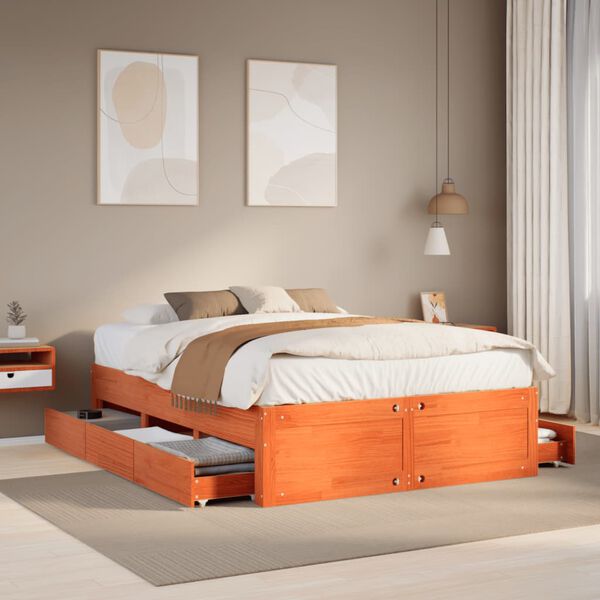 vidaXL Bed Frame without Mattress with Drawers Wax Brown 160x200 cm Solid Wood Pine