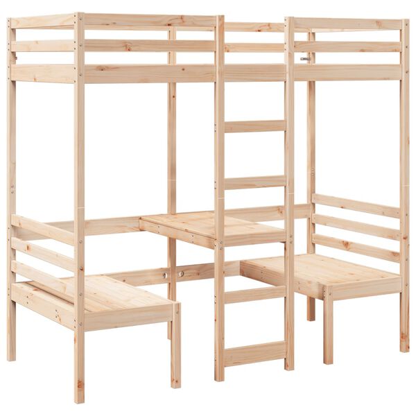 vidaXL Loft Bed Frame with Desk and Chairs 90x200cm Solid Wood Pine
