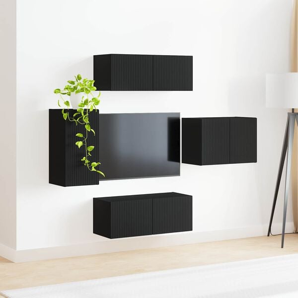 vidaXL TV Wall Cabinet Set Wall-mounted 4 pcs Black Engineered Wood