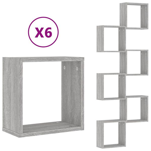 vidaXL Wall Cube Shelves 6 pcs Grey Sonoma 30x15x30 cm