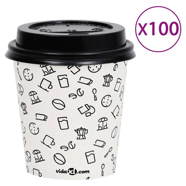 vidaXL Coffee Paper Cups with Lids 200 ml 100 pcs White and Black