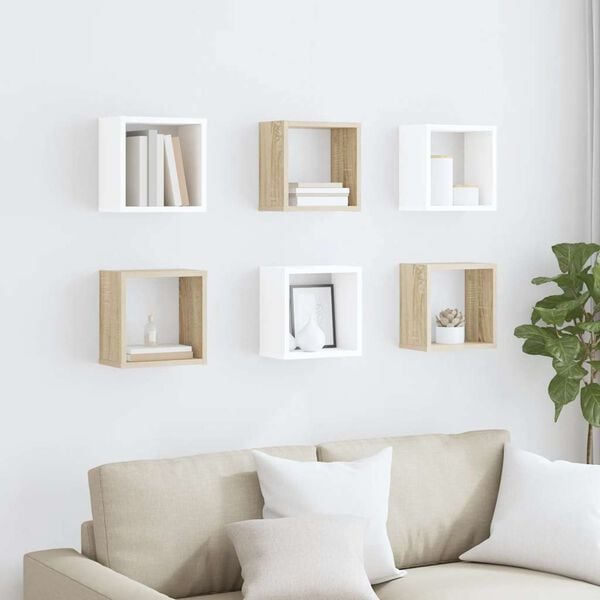 vidaXL Wall Cube Shelves 6 pcs White and Sonoma Oak 26x15x26 cm