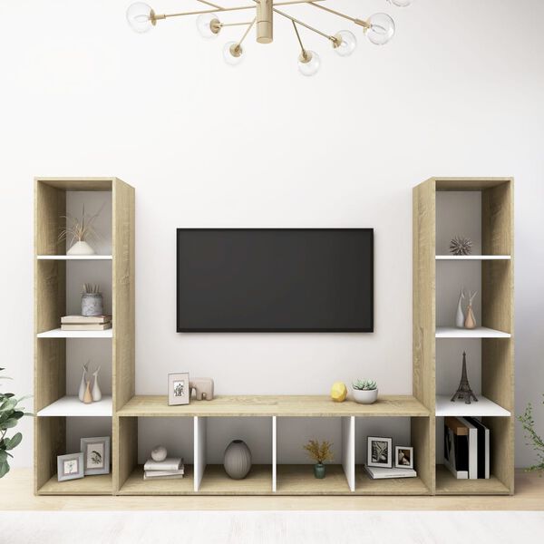 vidaXL TV Cabinets 3 pcs White & Sonoma Oak 142.5x35x36.5 cm Engineered Wood