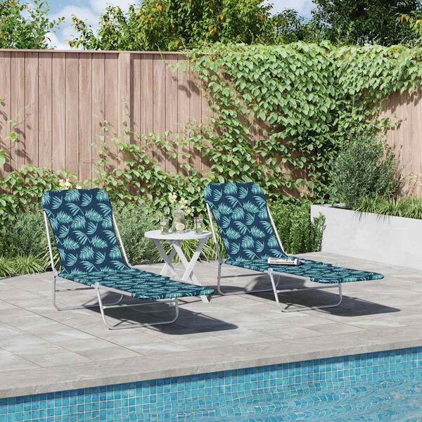 vidaXL Folding Sun Loungers 2 pcs Steel and Fabric Leaf Pattern