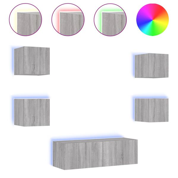 vidaXL 5 Piece TV Wall Cabinets with LED Lights Grey Sonoma