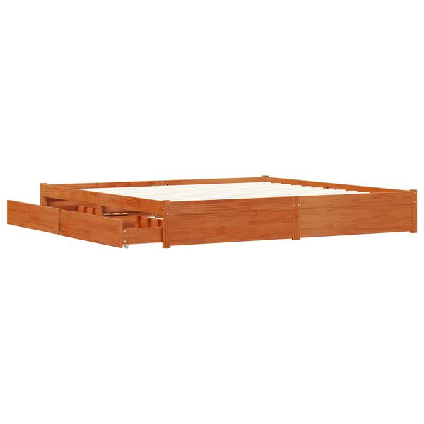 vidaXL Bed Frame with Drawer Wax Brown 200 x 200 cm Solid Pine Wood