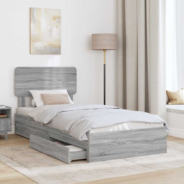 vidaXL Storage Bed with Drawer Grey Sonoma 90 x 190 cm Engineered Wood