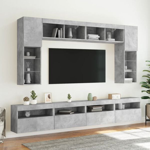 vidaXL 8 Piece TV Wall Cabinet Set with LED Lights Concrete Grey