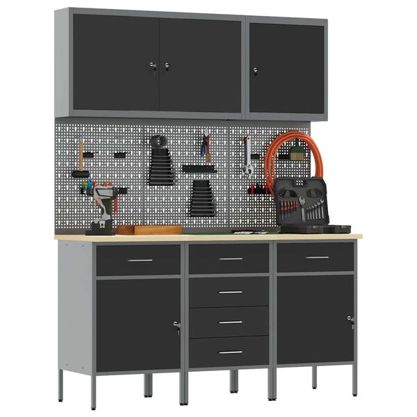 vidaXL Work Cabinet with Drawer 8 pcs Black Engineered Wood and Steel