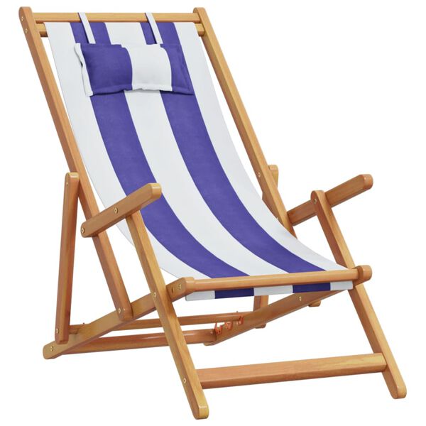 vidaXL Folding Beach Chairs 2 pcs Blue and White Fabric and Solid Wood