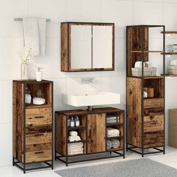 vidaXL Bathroom Furniture Set with Door 4 pcs Old Wood Engineered Wood