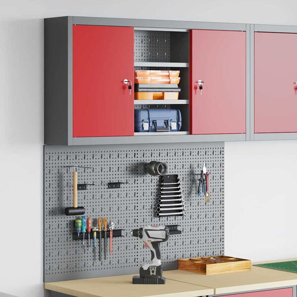vidaXL Tool Cabinet and Pegboard Set 3 pcs Red 100 x 20 x 115 cm Steel