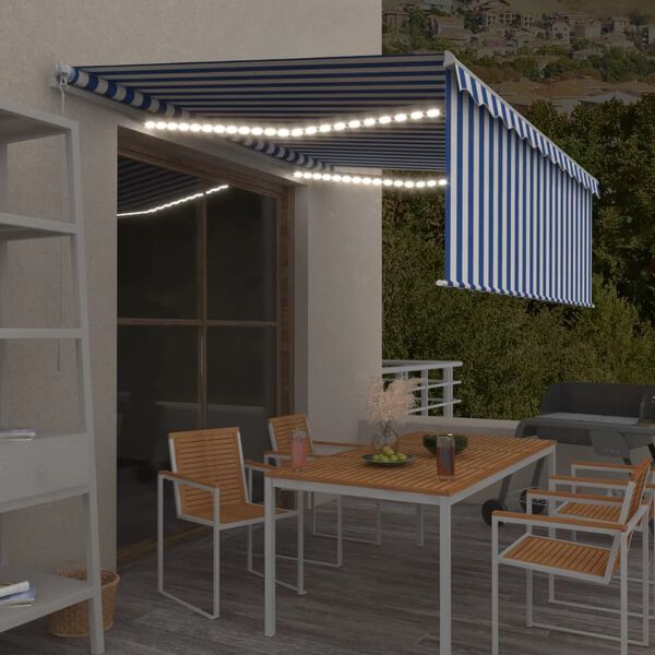 vidaXL Manual Retractable Awning with Blind&LED 4.5x3m Blue&White