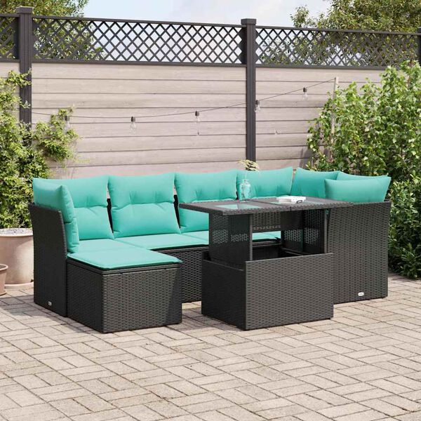 vidaXL 7 Piece Garden Sofa Set with Cushions Black Poly Rattan Acacia