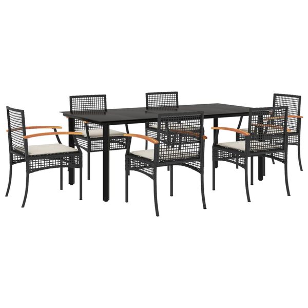 vidaXL 7 Piece Garden Dining Set with Cushions Black Poly Rattan