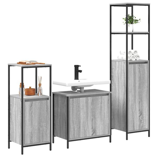 vidaXL Bathroom Furniture Set with Shelf 3 pcs Grey Sonoma and Black
